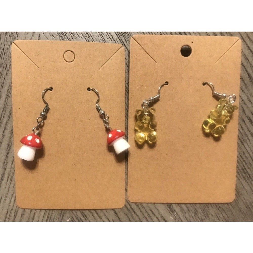 Set Of 2 Pairs Earrings Resin Silver Dangles Yellow Gummy Bears And Red Mushroom